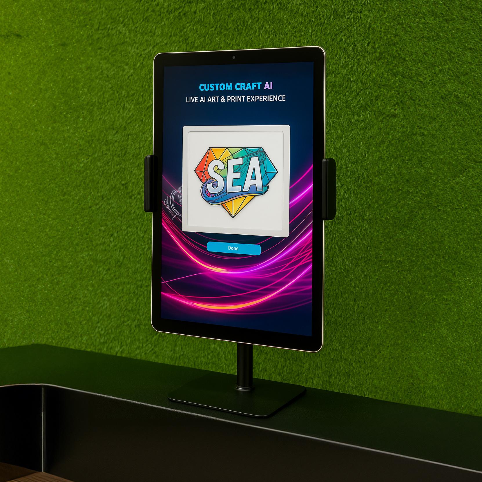 Two people customizing merchandise on tablets using Craft AI at an exhibition stand, with branded mugs and T-shirts displayed in a vibrant, professional setup